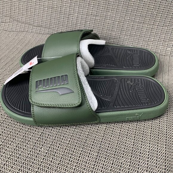 Puma Mens Size 8 Green & Black Slip-On Slide Sandals Logo Adjustable Comfort - Picture 3 of 5